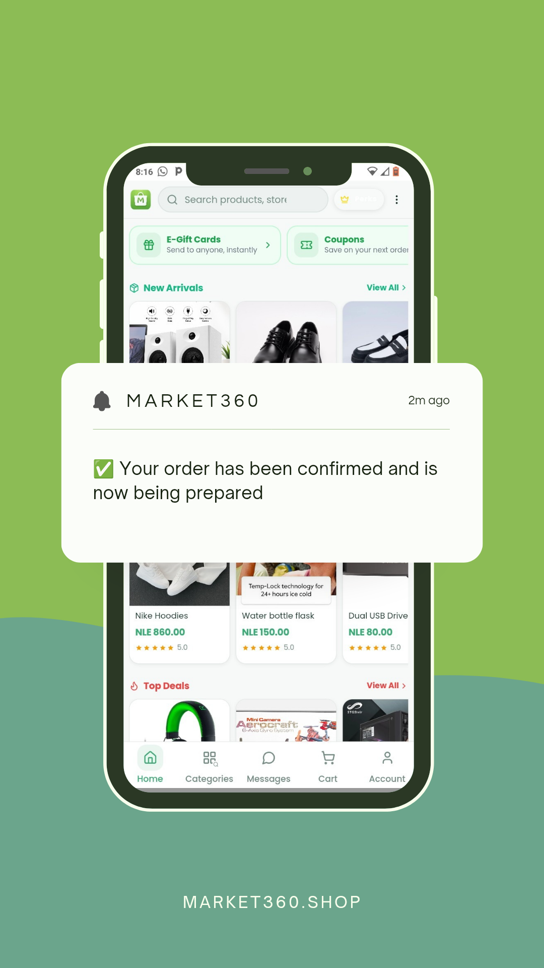 The Market360 app showing the marketplace home feed